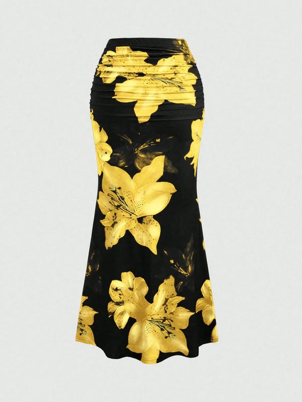 Jupe plissée longue à imprimé floral coupe évasée