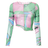 Round Collar Printed Pullover Long Sleeve Shirt