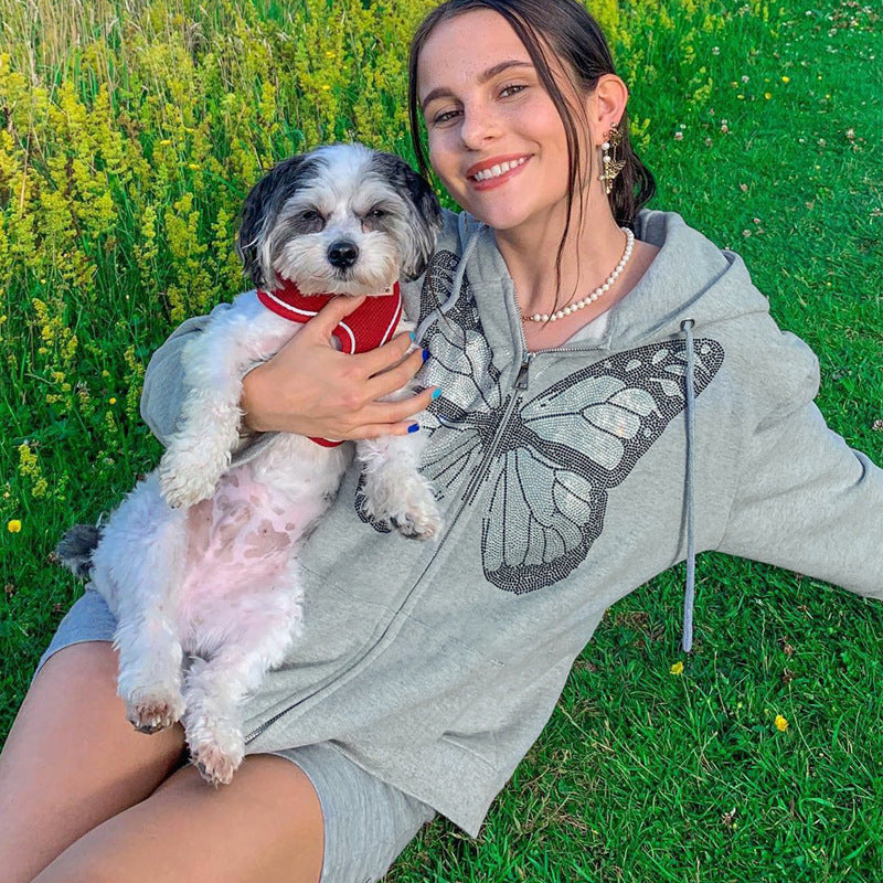 Oversized Butterfly Graphic Rhinestone Zip Up Hoodies