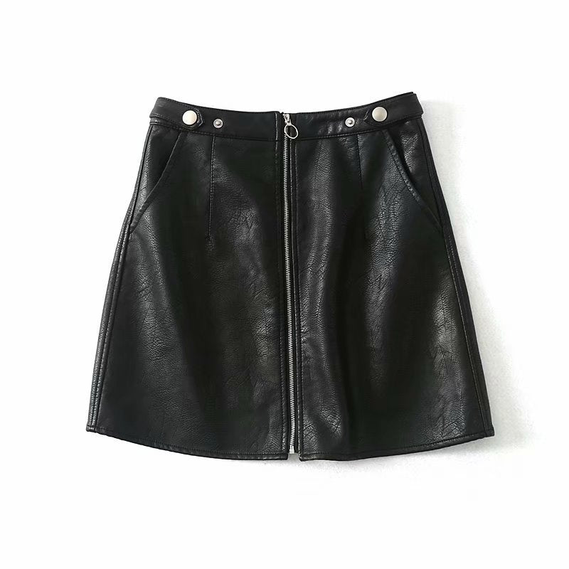 High Waist Slim Zipper PU Leather Skirt