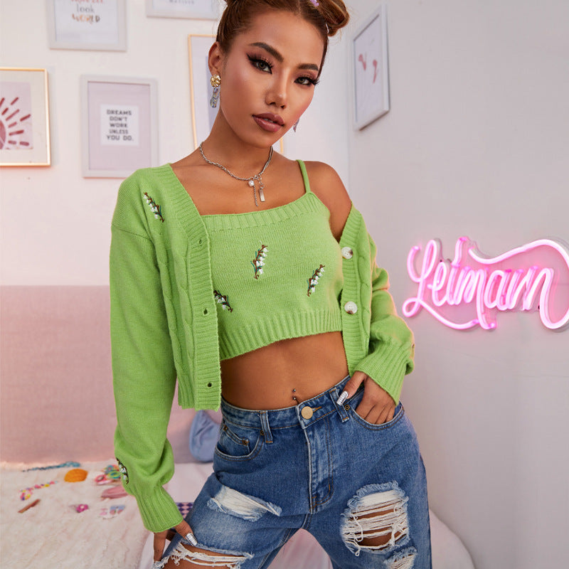 Embroidered Twist Hollow Button Cardigan