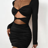 Sexy deep V hollow tie pleated dress