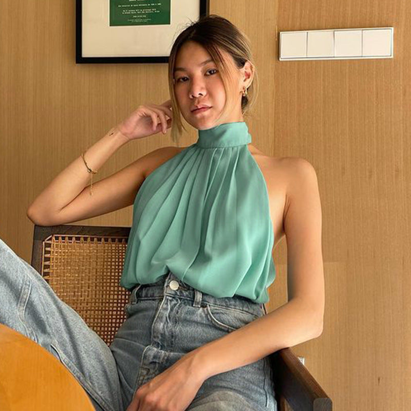 Temperament Halter Chiffon Solid Color