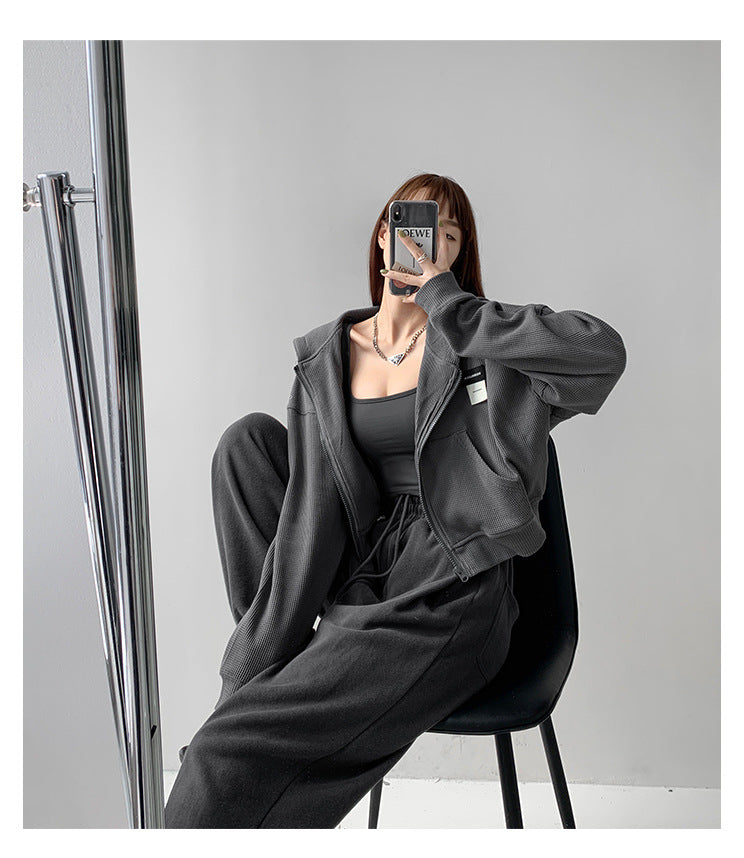 Long Sleeve Waffle Loose Hooded Sweatshirt