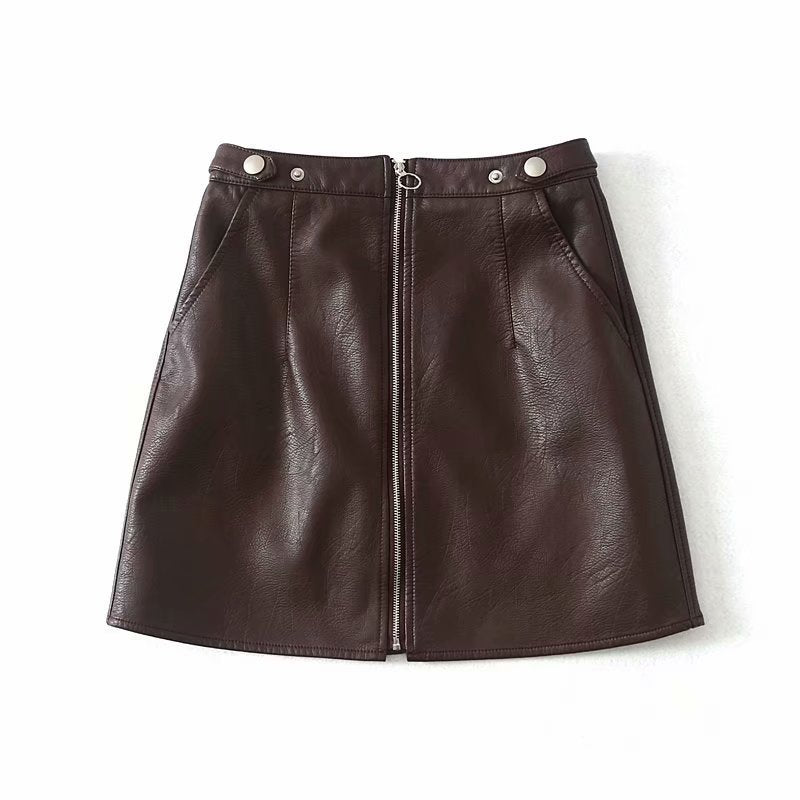High Waist Slim Zipper PU Leather Skirt