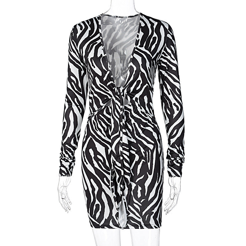 Deep V Long-sleeved Dress With Thorn Pattern Knot