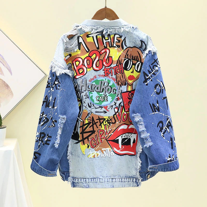 Abstract Print Long-sleeved Denim Jacket