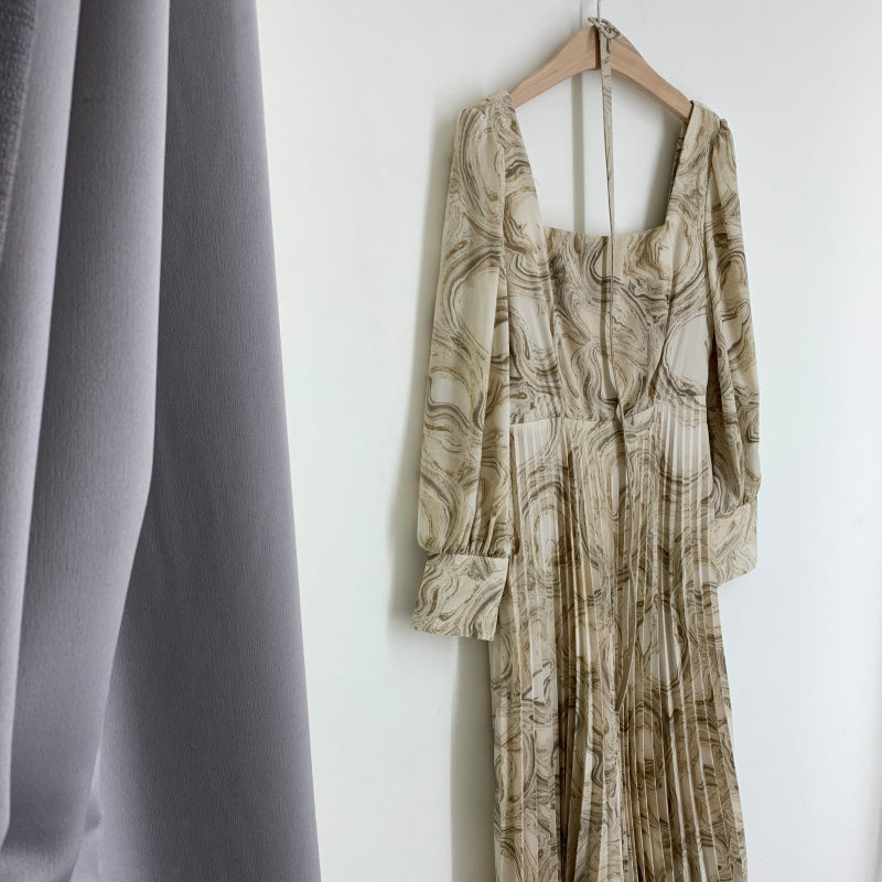 Women's Printed Waist Long Pleated Dress