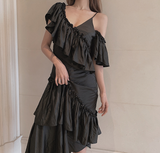 Sling ruffled off-shoulder slim dress