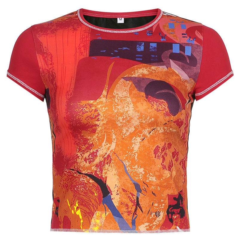 Contrast Printed Tight-fitting Short-sleeved T-shirt