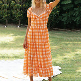 Short Puff Sleeves Lace-Up Dress