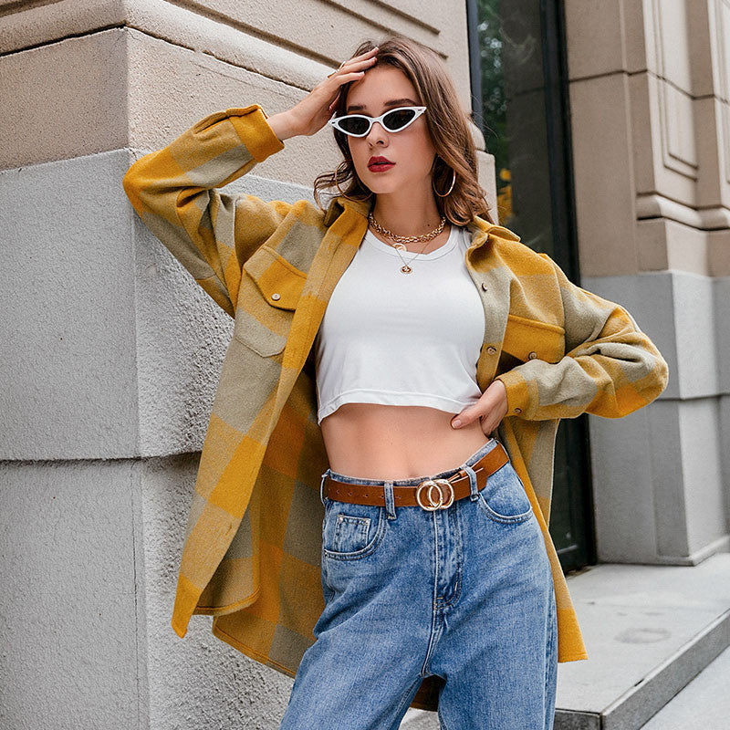 Woolen Plaid Pocket Long Coat