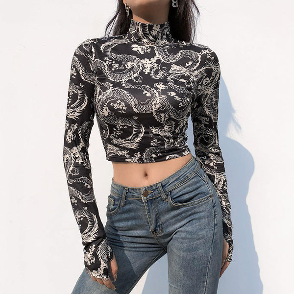 Print Anime Shirt Female Turtleneck Long Sleeve
