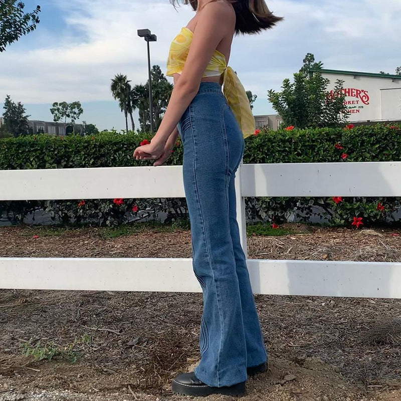 Mid-Waist Retro Split Blue Jeans
