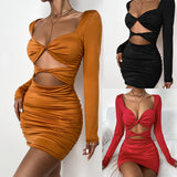 Sexy deep V hollow tie pleated dress