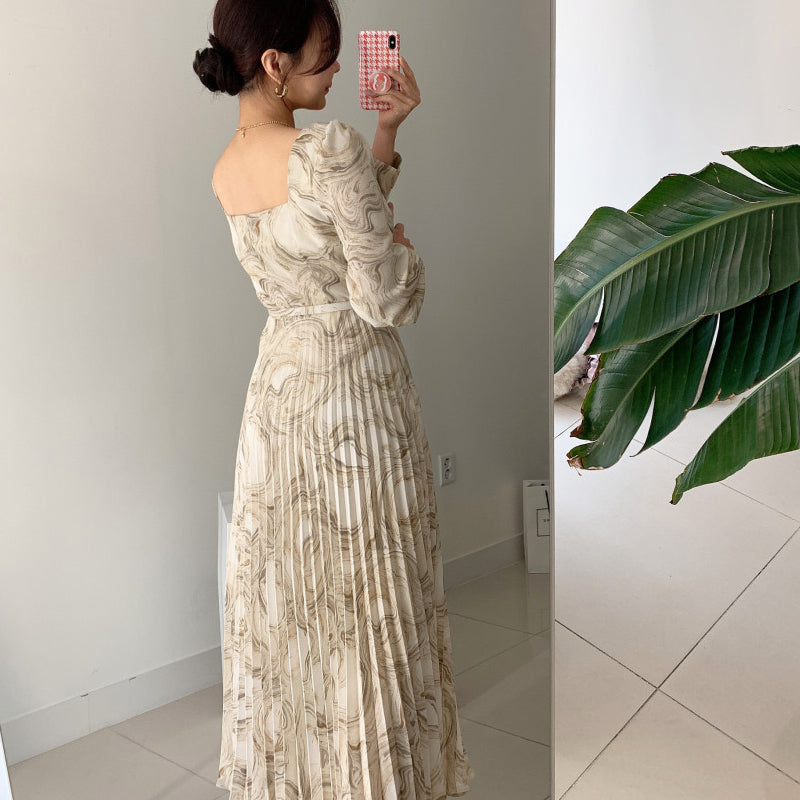 Women's Printed Waist Long Pleated Dress