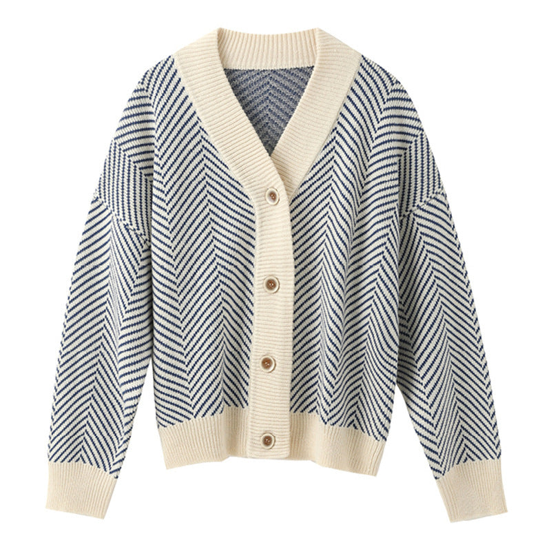 V Neck Diamond Striped Style Cardigan