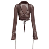 Long Sleeve V-Neck Gauze Sheer Crop T-Shirt