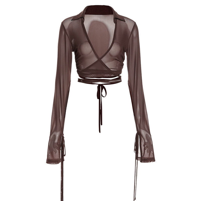 Long Sleeve V-Neck Gauze Sheer Crop T-Shirt