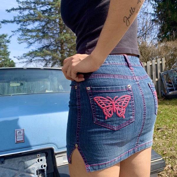 Butterfly Embroidery Slit Denim Hip Skirt
