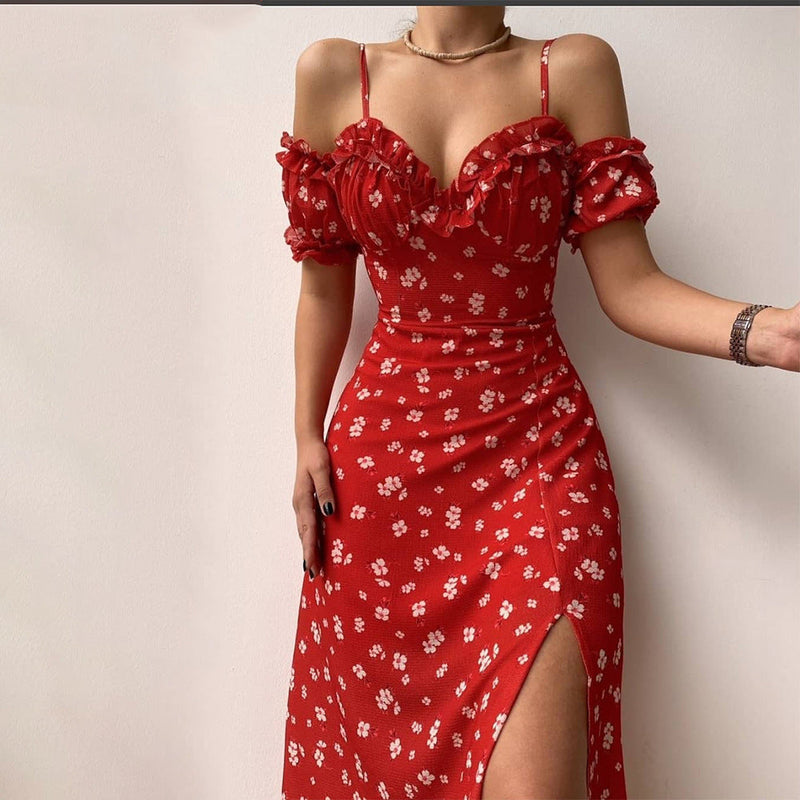 Sexy V-neck Fungus Edge Tube Midi Dress