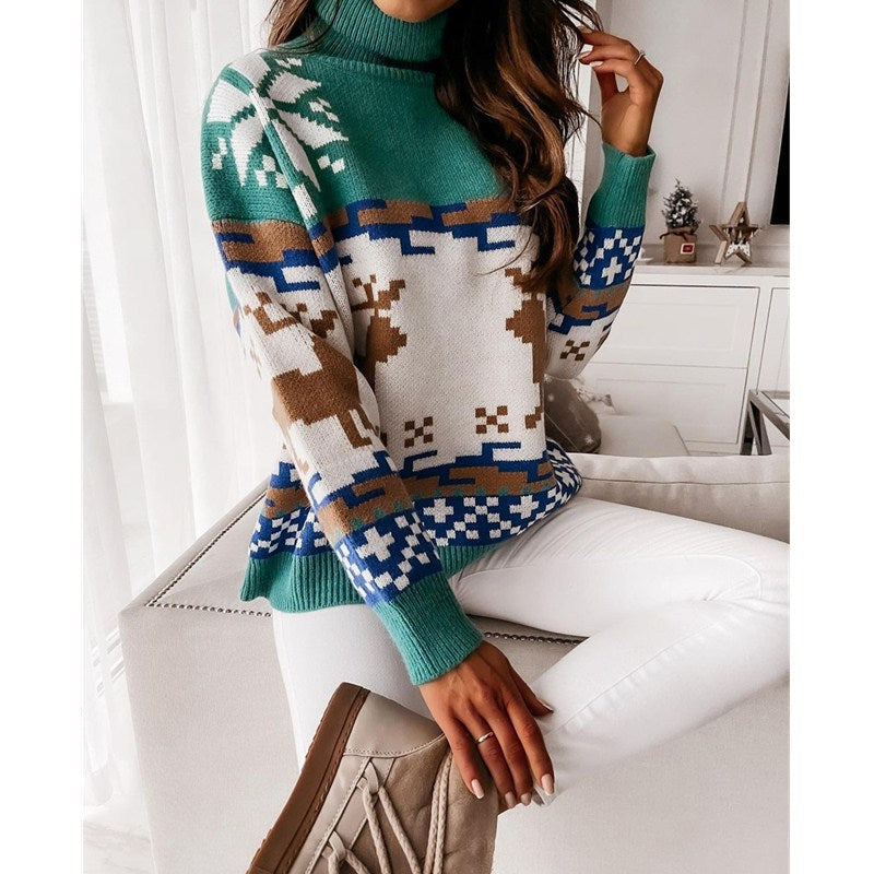 Turtleneck Christmas Jacquard Knitted Sweater