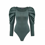 Square Neck Puff Sleeve Knitted Bodysuit