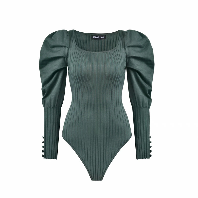 Square Neck Puff Sleeve Knitted Bodysuit