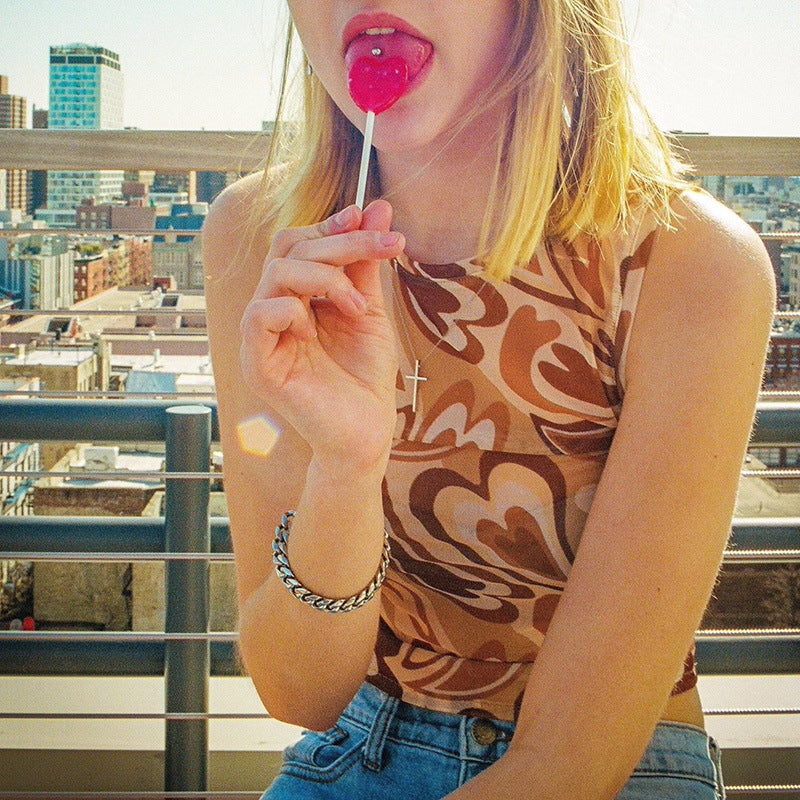 Summer V-Neck Print Slim Top