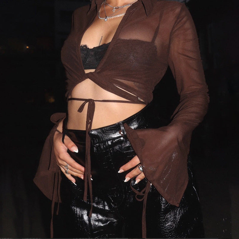 Long Sleeve V-Neck Gauze Sheer Crop T-Shirt