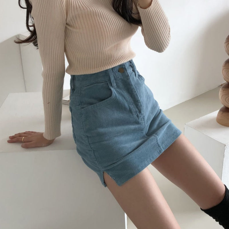 Skirt With Hip Slit Corduroy