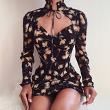 Floral Wood Ear High-Neck Tie Low-Cut Dress