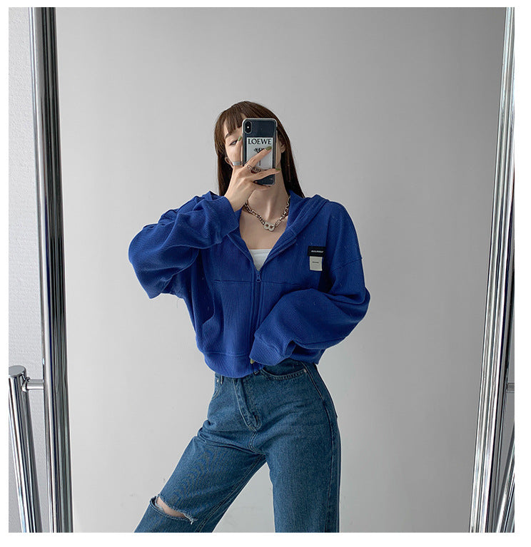 Long Sleeve Waffle Loose Hooded Sweatshirt