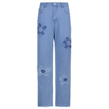 Floral Pattern Stitching Loose Straight-leg Jeans