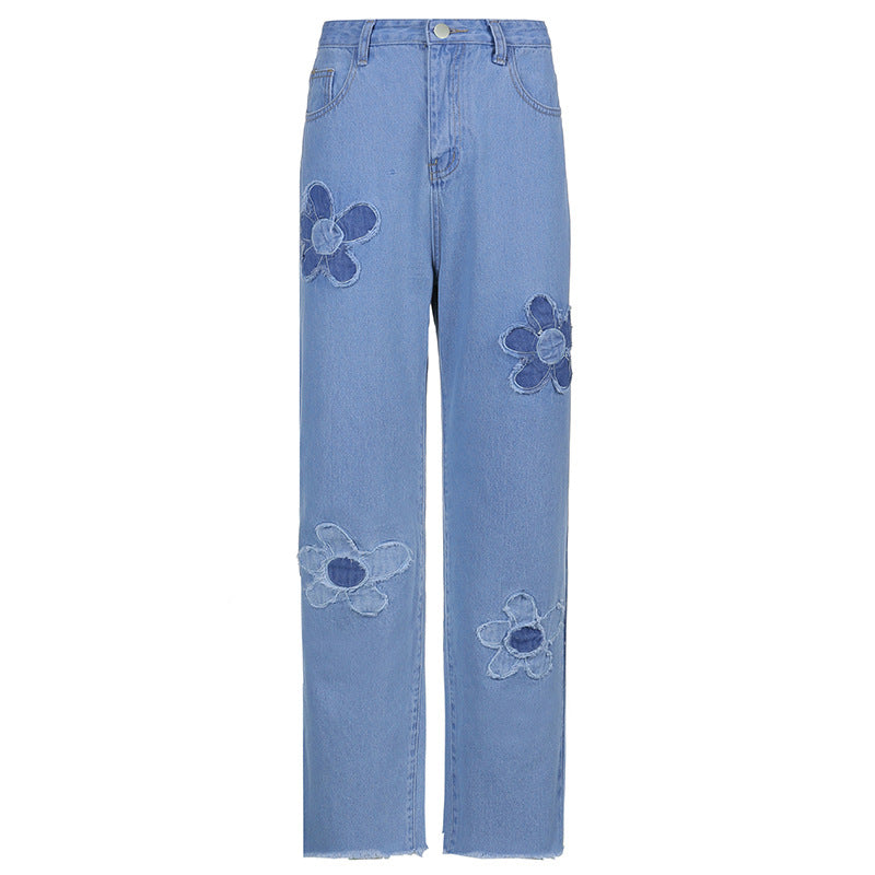 Floral Pattern Stitching Loose Straight-leg Jeans