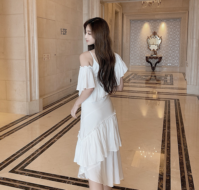 Sling ruffled off-shoulder slim dress