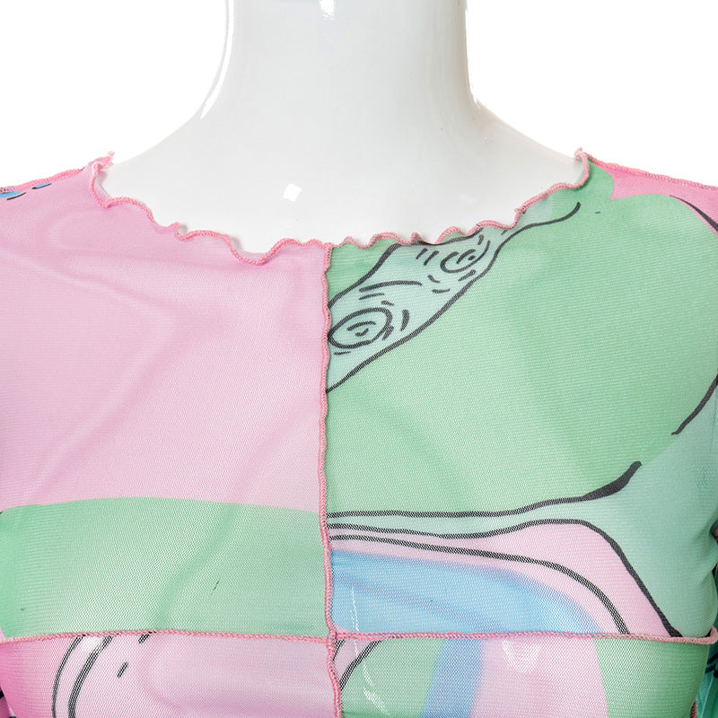 Round Collar Printed Pullover Long Sleeve Shirt