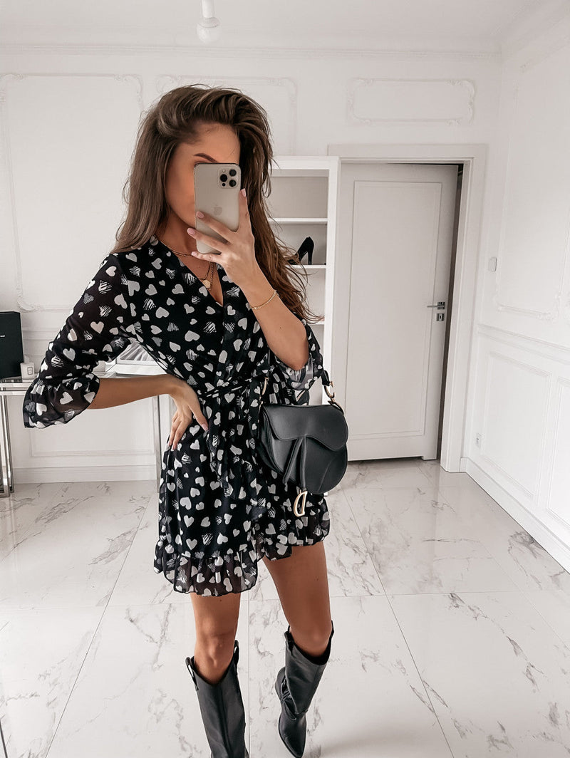 Printed Love V-neck Sexy Ruffled Dress