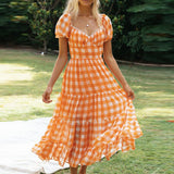 Short Puff Sleeves Lace-Up Dress