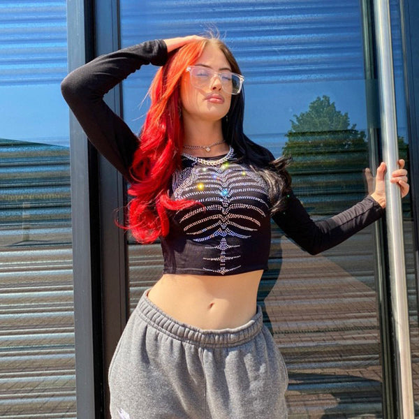 Y2K  Vintage Gothic Rhinestone Long Sleeve Ladies T-Shirt