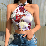 Printed Halter Neck Sexy Navel Crop Top