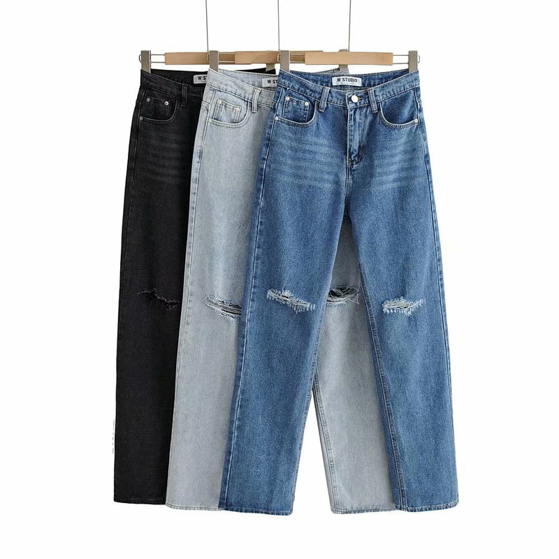 Double-knee Holes Mopping Jeans