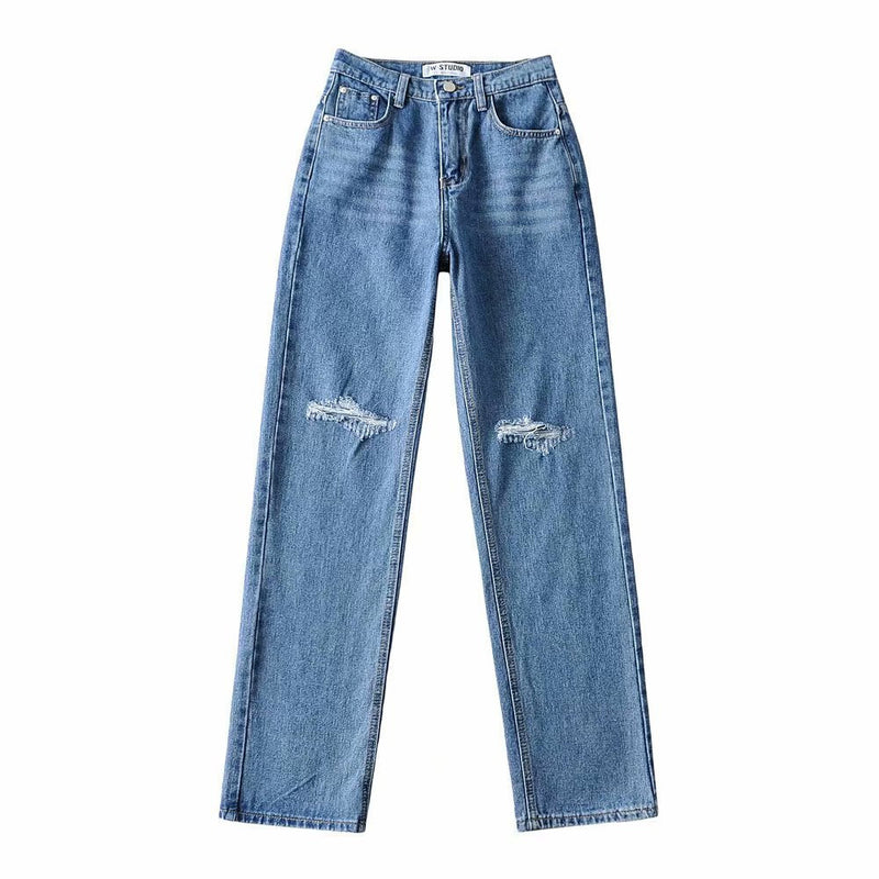Double-knee Holes Mopping Jeans