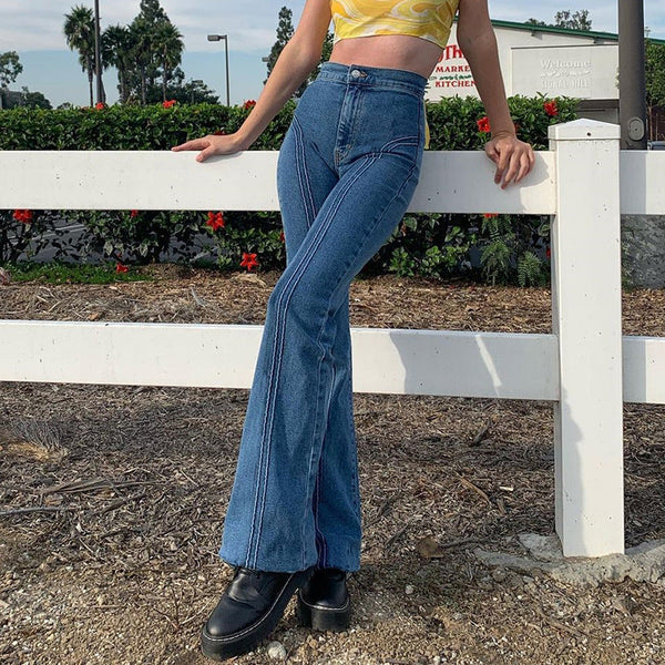 Mid-Waist Retro Split Blue Jeans