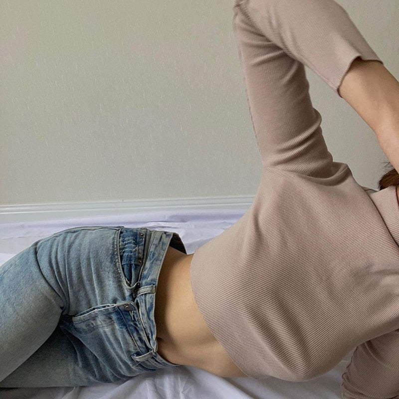 Stretch Rib Solid Color Long-Sleeved T-Shirt