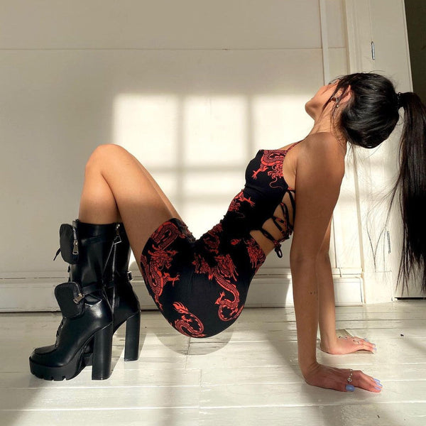 Cutout Back Wrap Chest Print Slim Dress