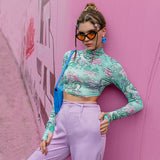 Printed Tight-Fitting High-Neck Short Top