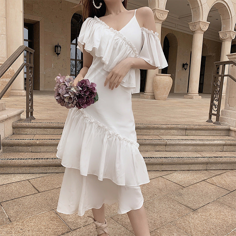Sling ruffled off-shoulder slim dress