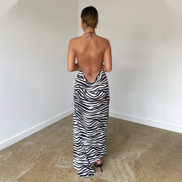 Zebra Pattern Sexy Split Halter Dress