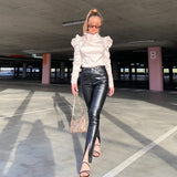 PU leather skinny casual mid-waist leather trousers